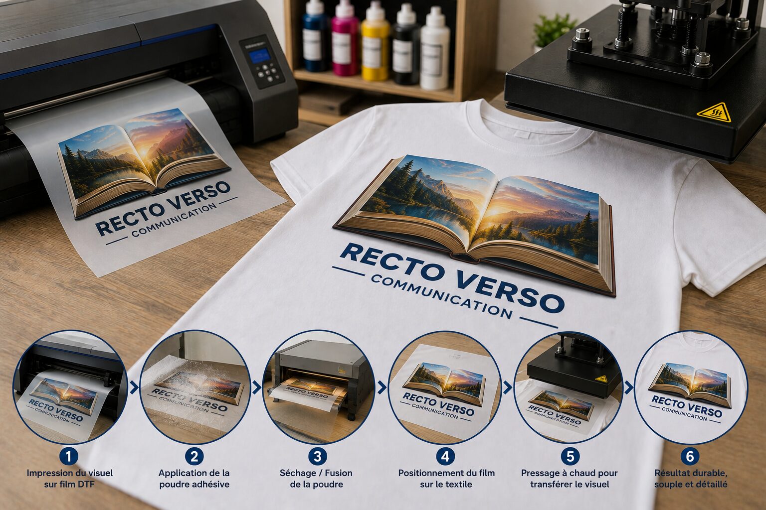 Impression textile DTF – Recto Verso Communication Impression DTF en couleurs sur t-shirt blanc avec les différentes étapes du transfert textile