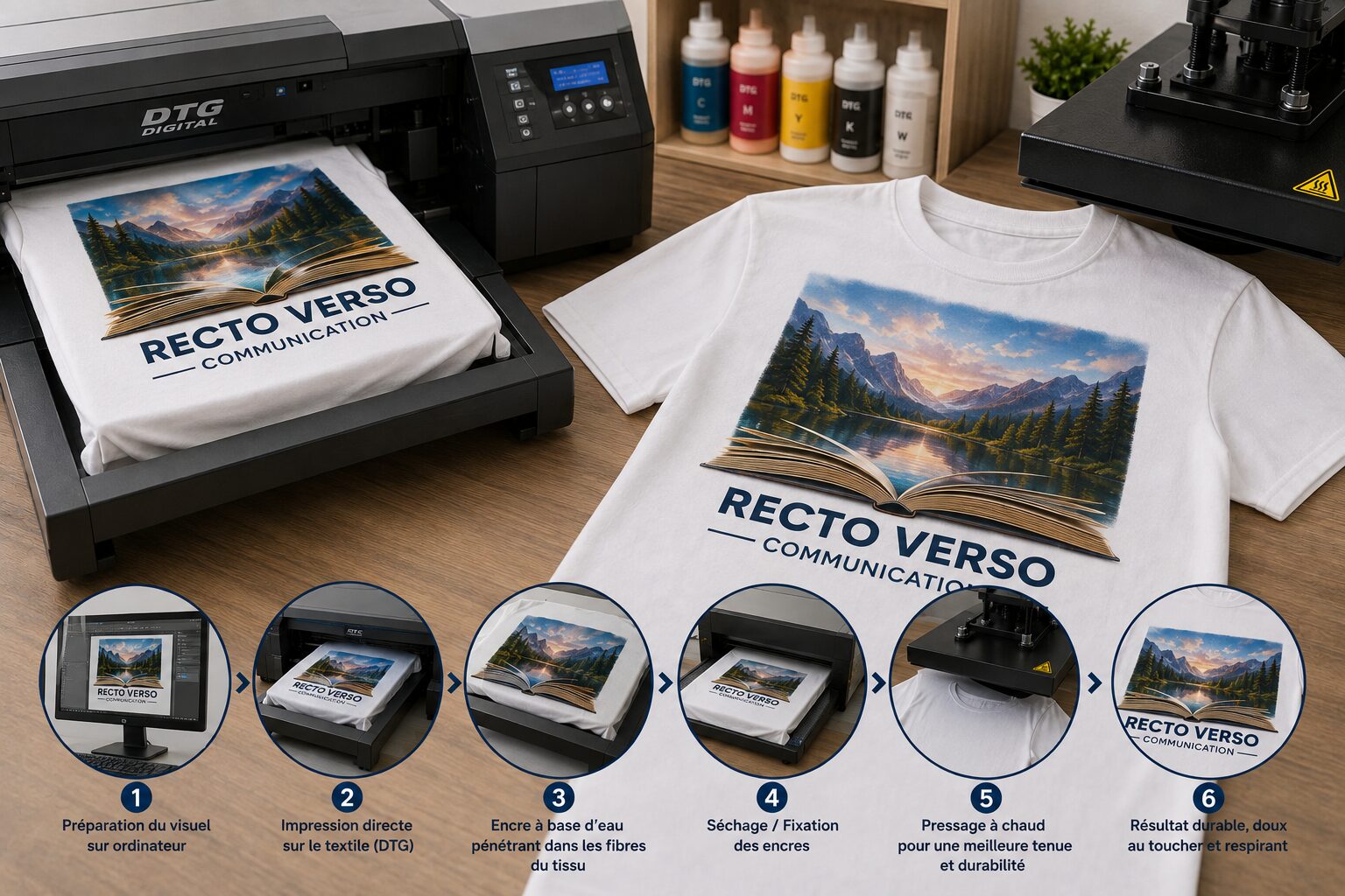 Impression textile DTG – Recto Verso Communication Impression DTG directe sur t-shirt blanc avec les différentes étapes de l’impression textile