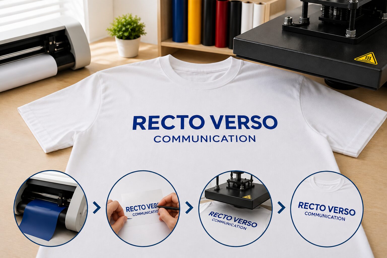Impression textile Flex – Recto Verso Communication Impression Flex sur t-shirt blanc avec les différentes étapes du marquage textile