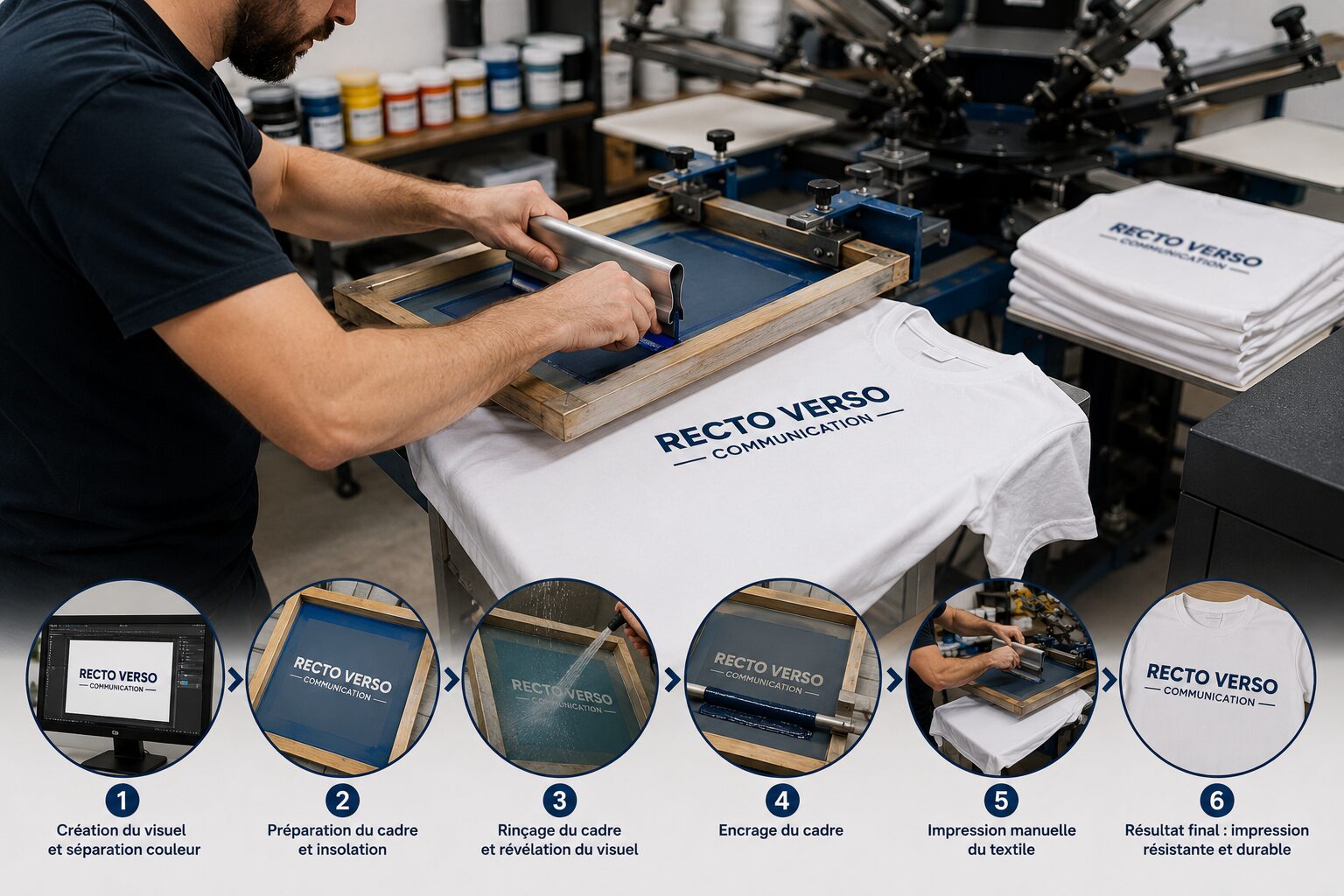 Impression textile en sérigraphie – Recto Verso Communication Impression textile en sérigraphie une couleur sur t-shirt blanc avec application manuelle de l’encre