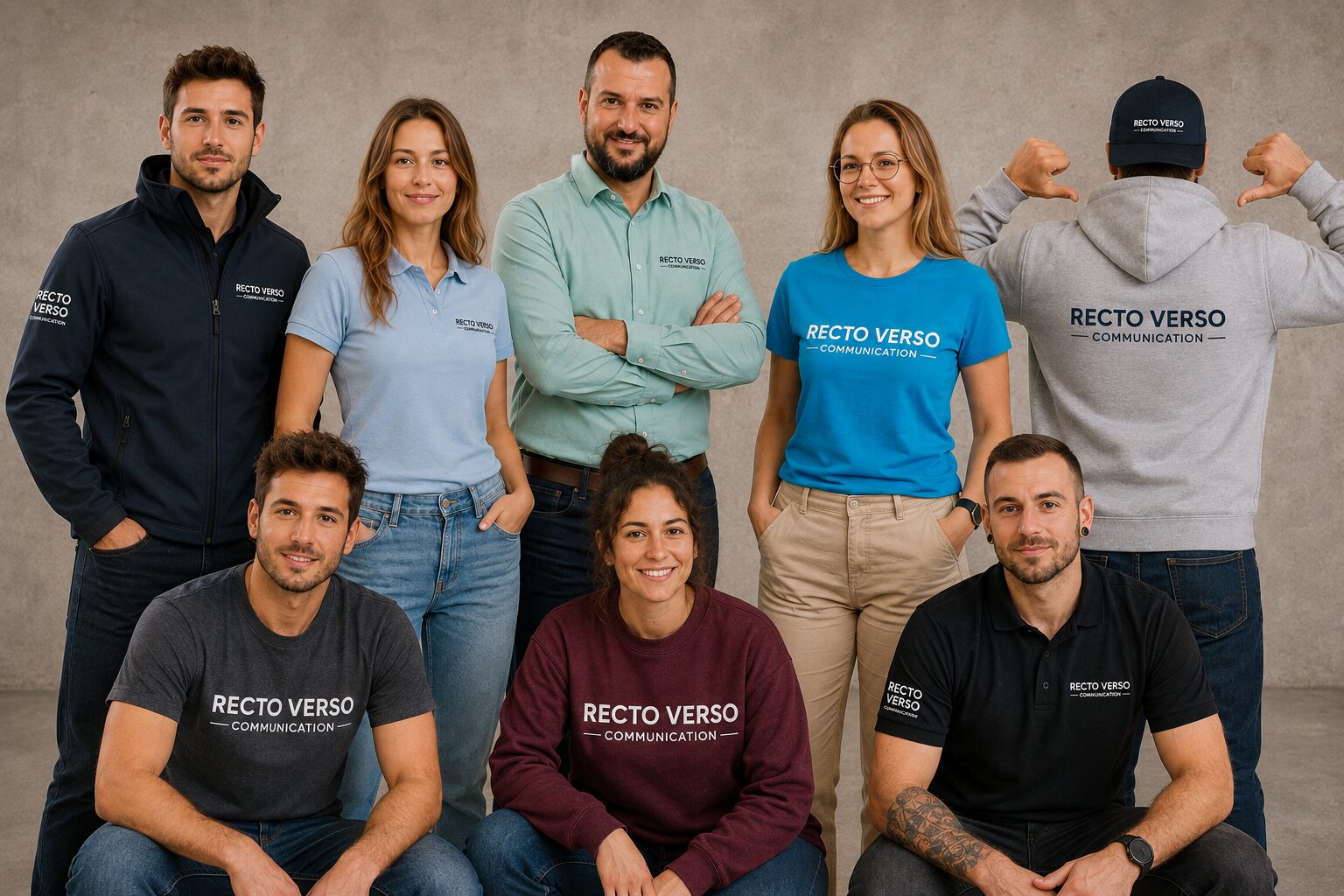 Exemples de textiles personnalisés – Recto Verso Communication Groupe portant différents vêtements personnalisés : t-shirts, polos, chemise, veste, sweat et casquette